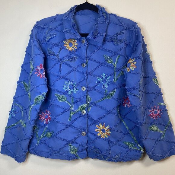 Tantrums Jacket Women's L Blue Floral Vintage Embroidered Flower Button Collared - Picture 1 of 9